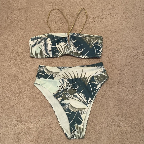 NWT two-piece bikini bandeau keyhole & high waist cheeky green palm aerie swim - Picture 3 of 9